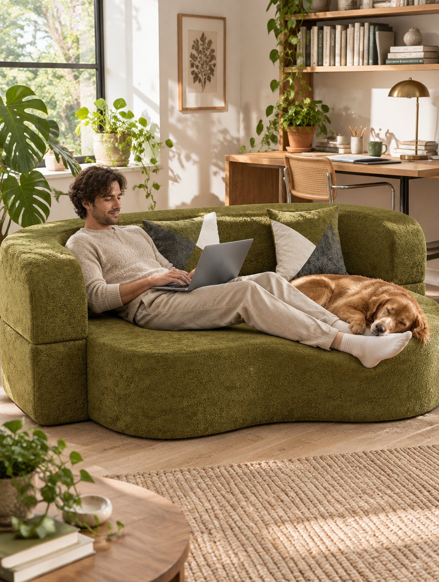 Arc Sofa Bed in Olive Green in a living room