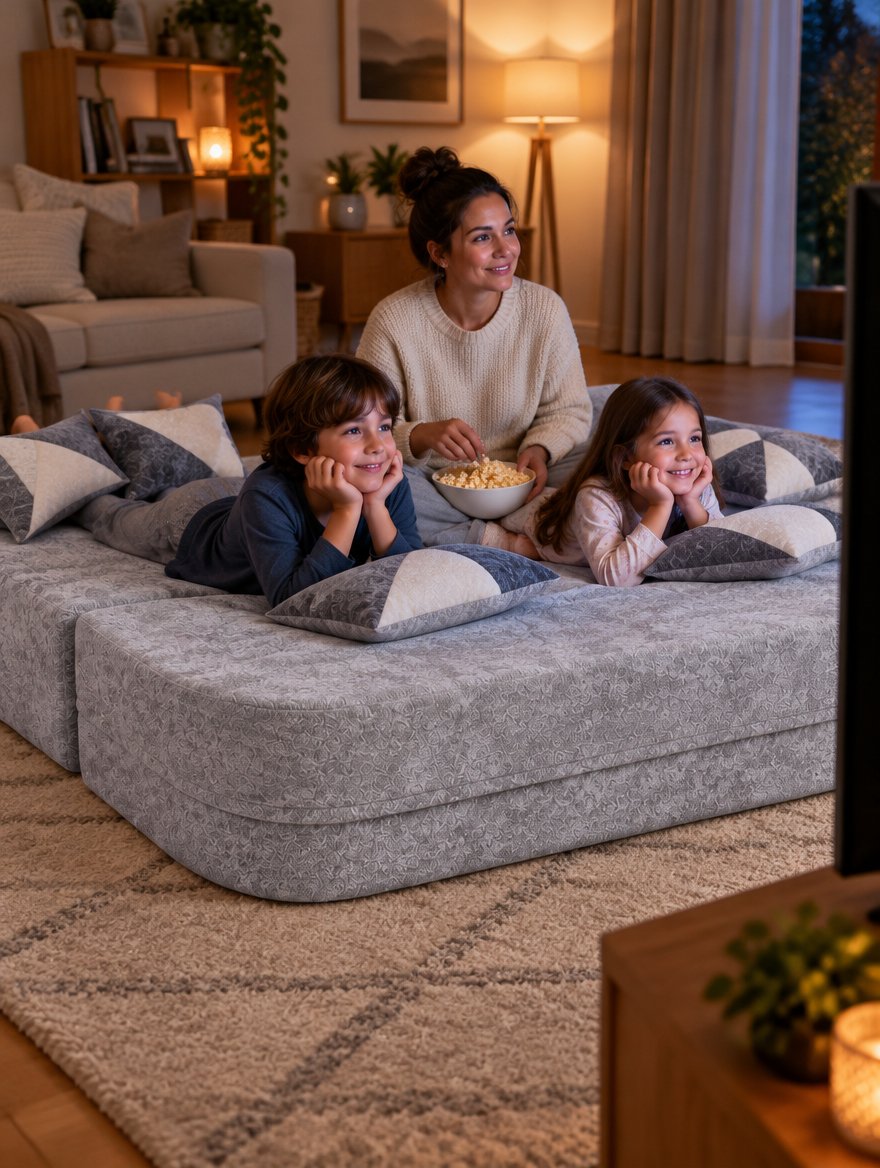 Family movie night on the Arc Sofa Bed folded flat