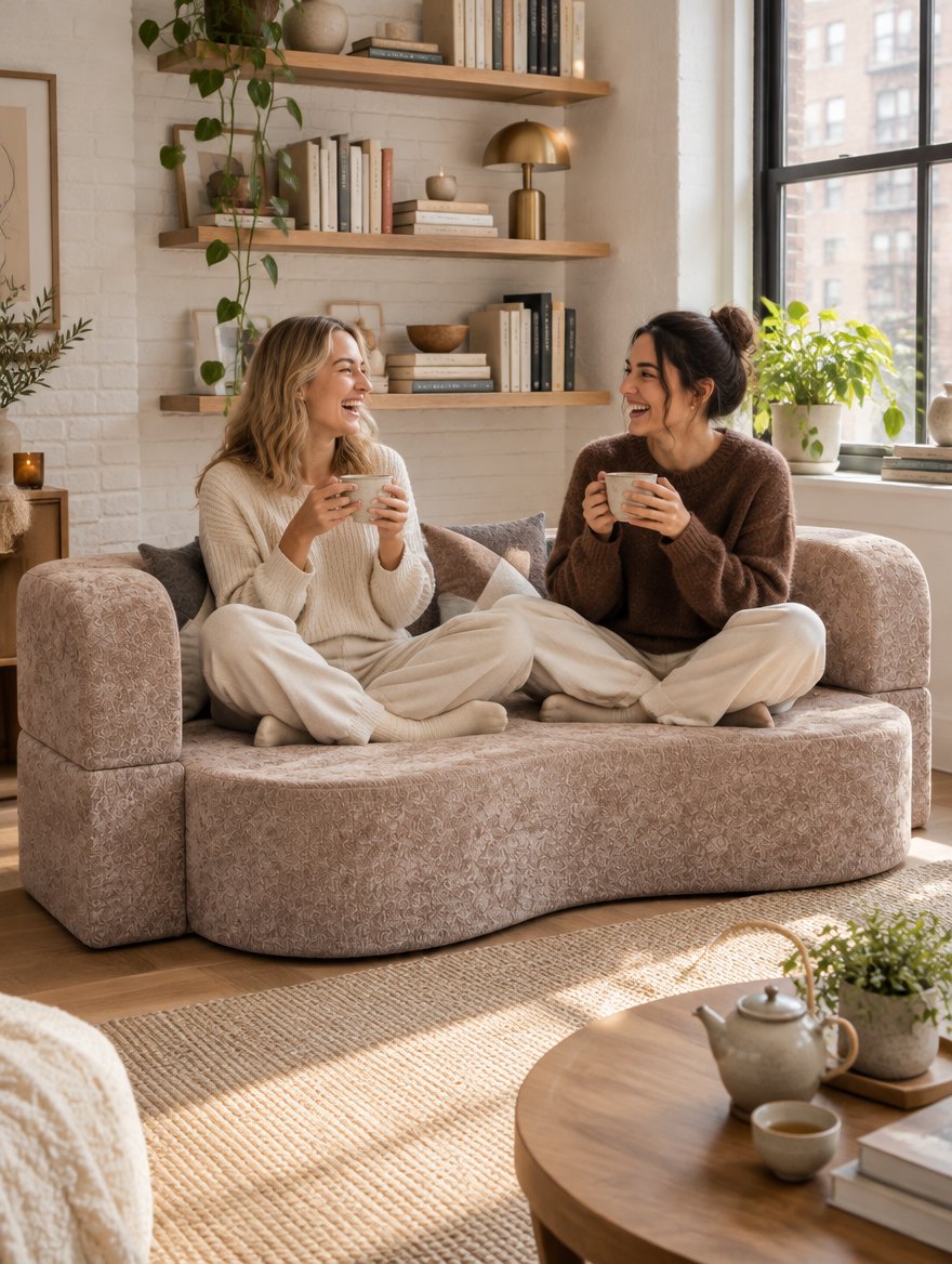 Arc Sofa Bed in Taupe Beige in a living room