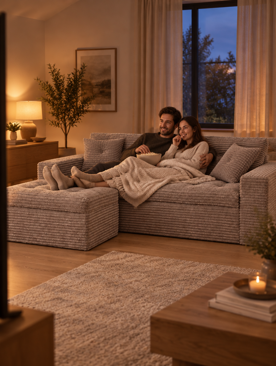 Couple watching a movie under a throw on the Haven corduroy sectional in Mushroom