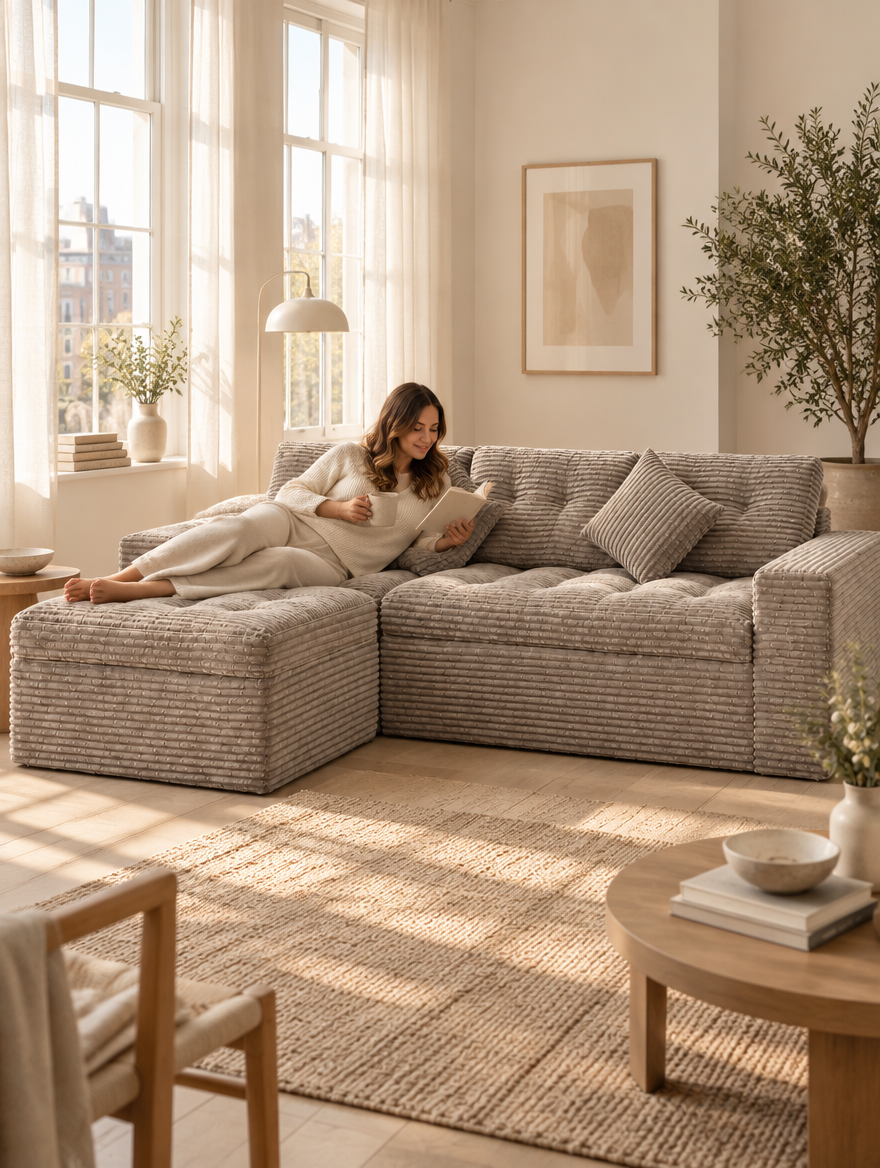Woman reading on the Haven chaise in morning light