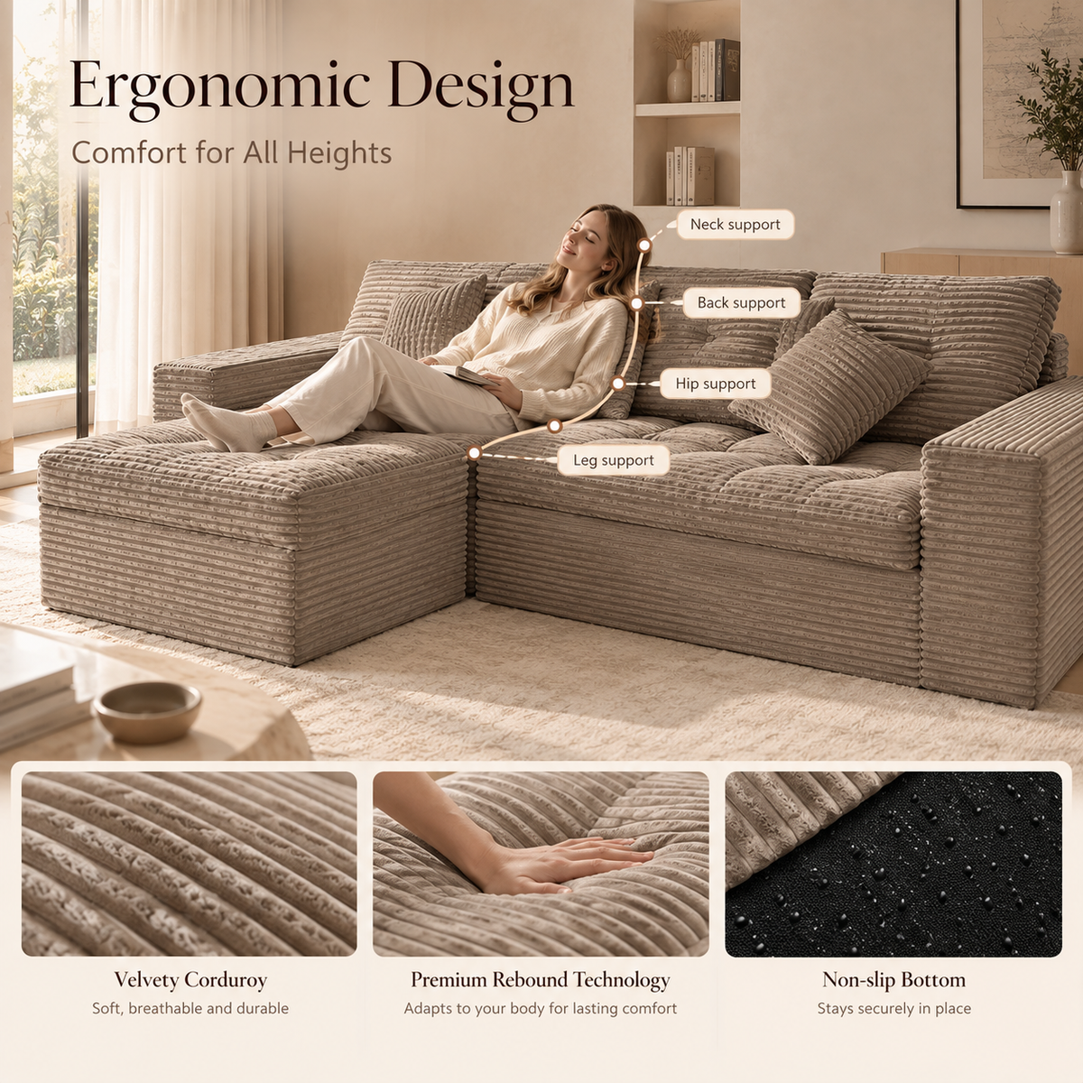 Haven Corduroy Sectional in Mushroom corduroy