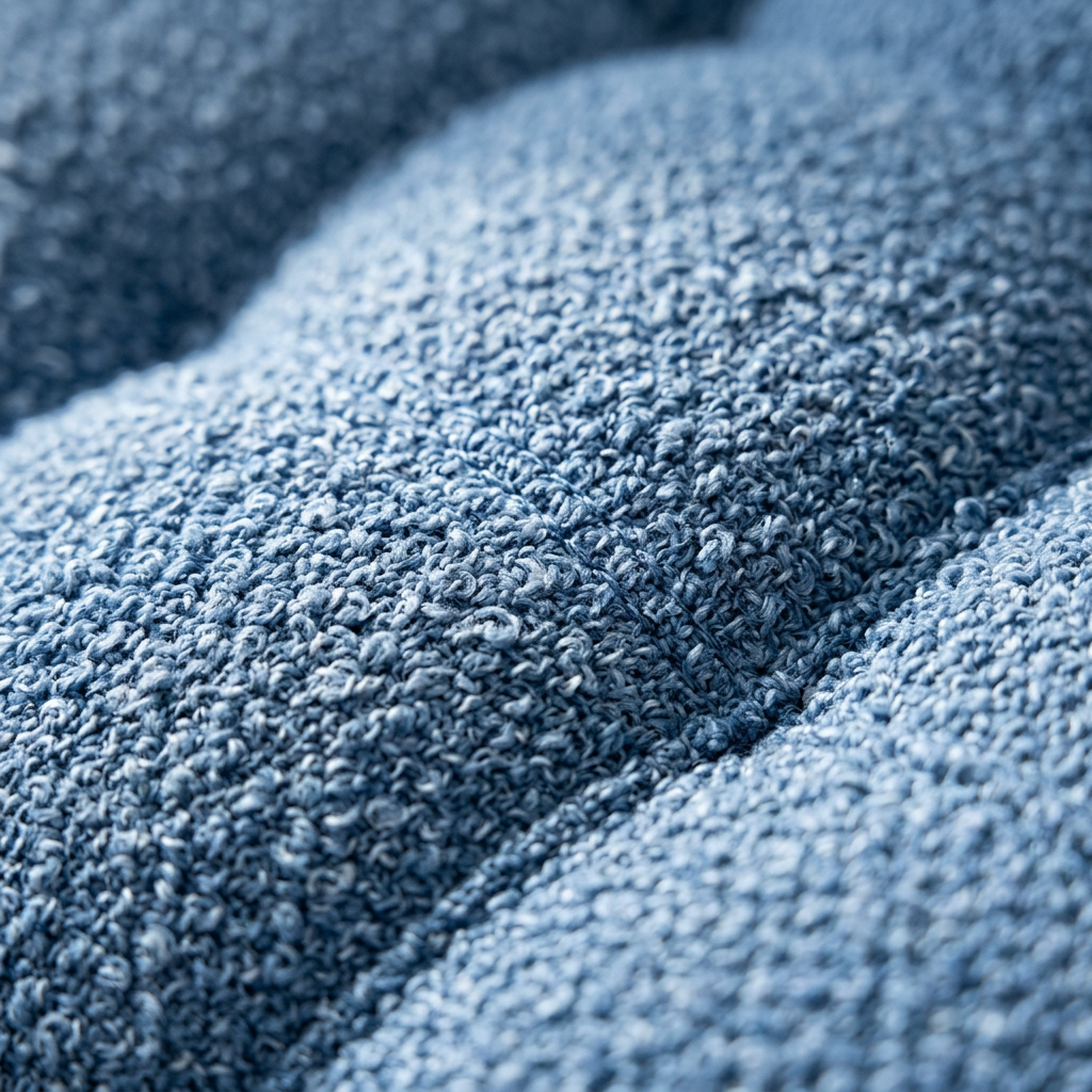 Close-up of the looped bouclé cover in Denim Blue