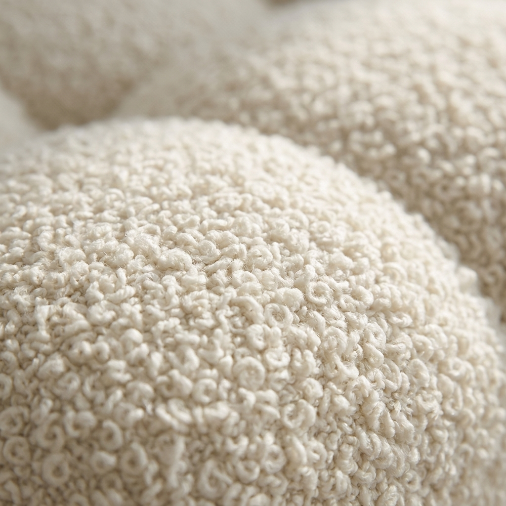 Close-up of the looped bouclé cover in Cloud White