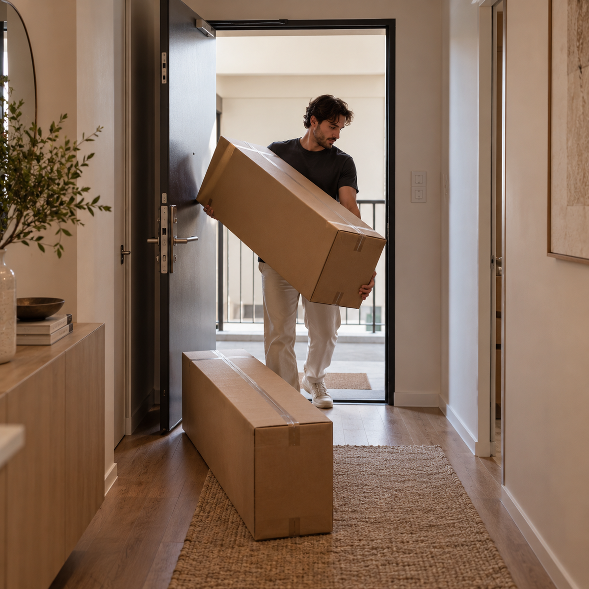 A man carrying one of the two cartons through an apartment front door, the other carton already inside the hallway
