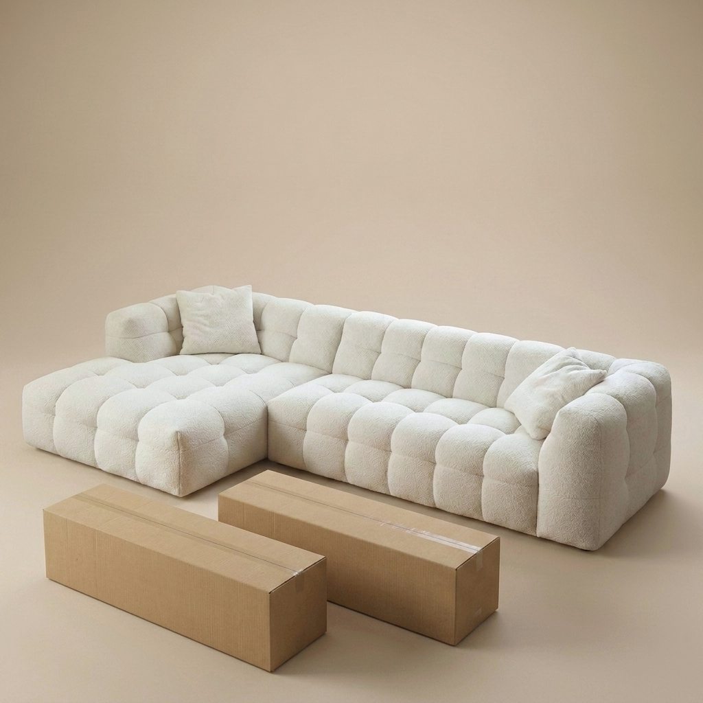 Cloud Corner Sectional in Cloud White bouclé, chaise left, beside the two cartons it ships in