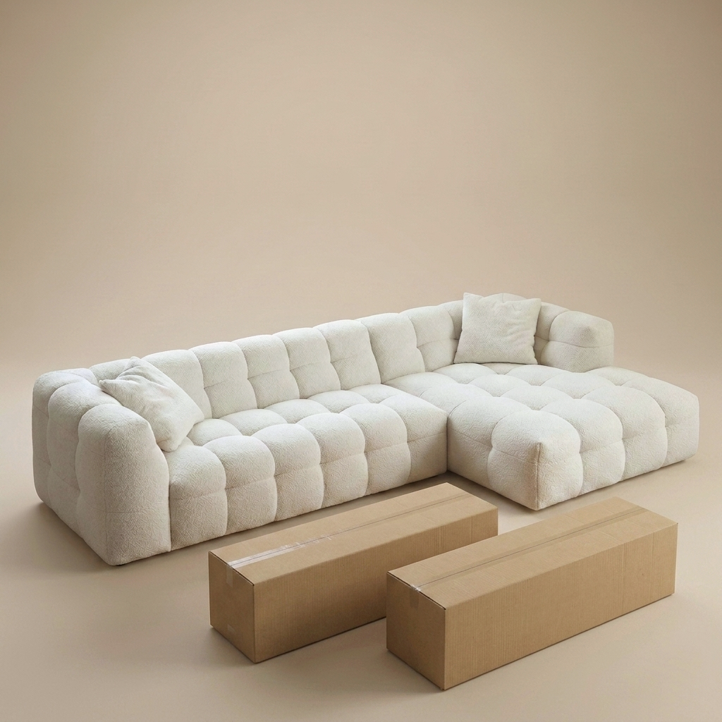 Cloud Corner Sectional in Cloud White bouclé, chaise right, beside the two cartons it ships in