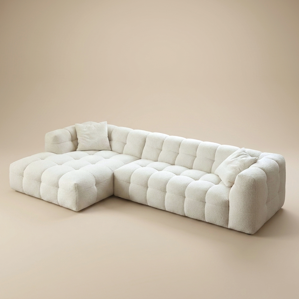 Cloud Corner Sectional in Cloud White bouclé, chaise left, three-quarter view