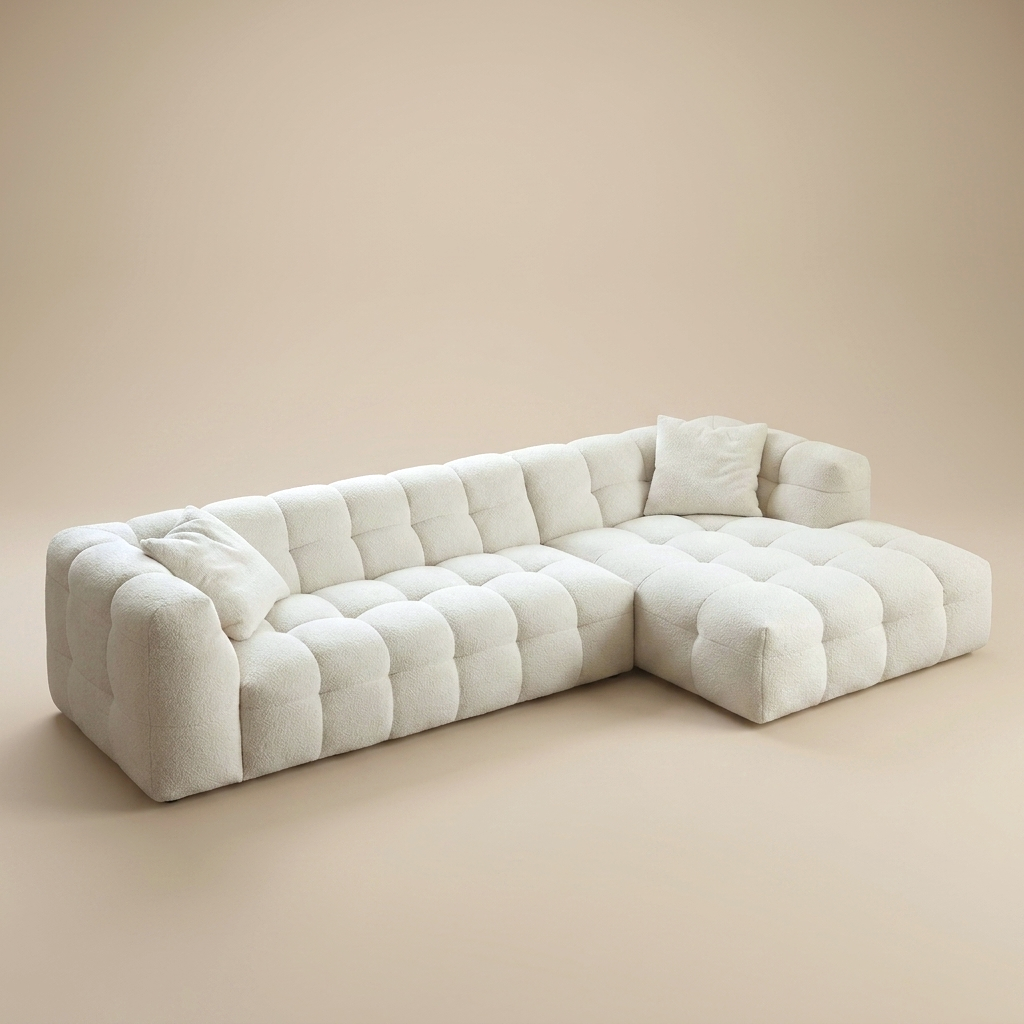 Cloud Corner Sectional in Cloud White bouclé, chaise right, three-quarter view