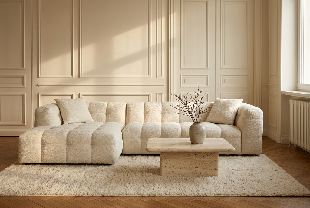 AP-27 in Cloud White bouclé, chaise left, in a panelled living room