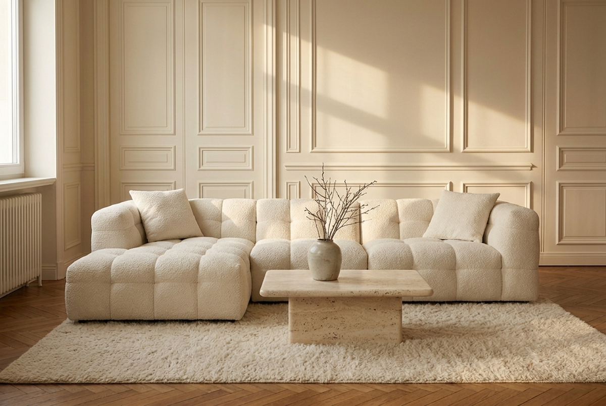 Cloud Corner Sectional in Cloud White bouclé, chaise left, in a panelled living room