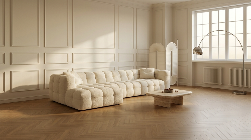 The full ten-foot AP-27 in Cloud White bouclé, chaise left, against a long wall