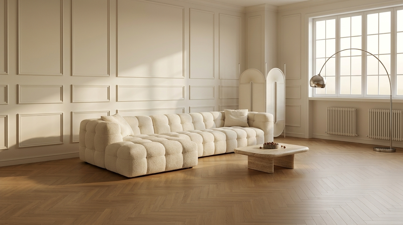 The full ten-foot AP-27 in Cloud White bouclé, chaise left, against a long wall
