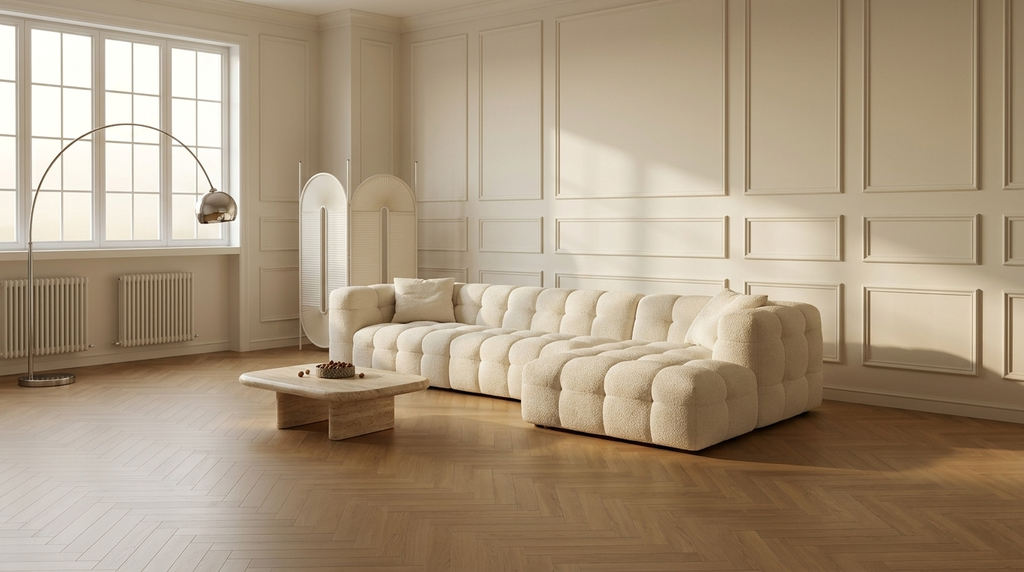 The full ten-foot AP-27 in Cloud White bouclé, chaise right, against a long wall