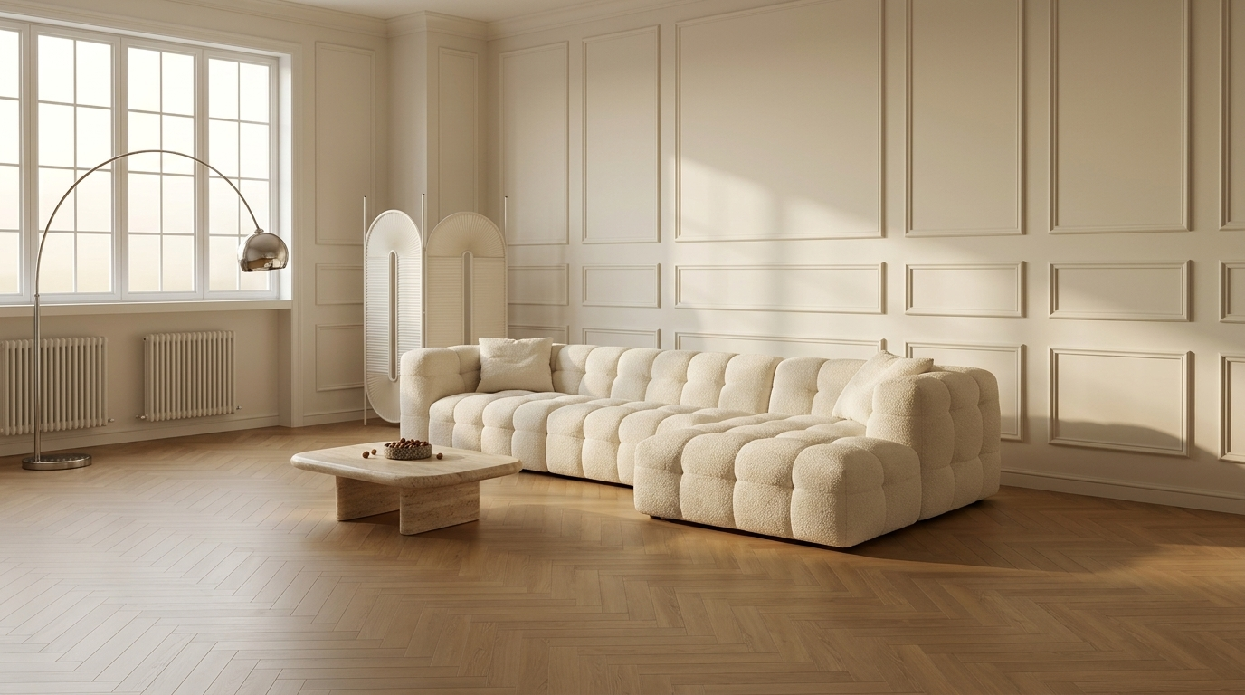 The full ten-foot AP-27 in Cloud White bouclé, chaise right, against a long wall