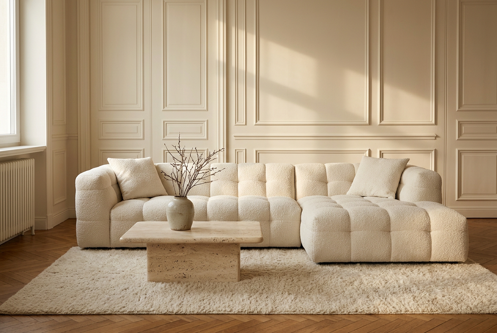 AP-27 in Cloud White bouclé, chaise right, in a panelled living room