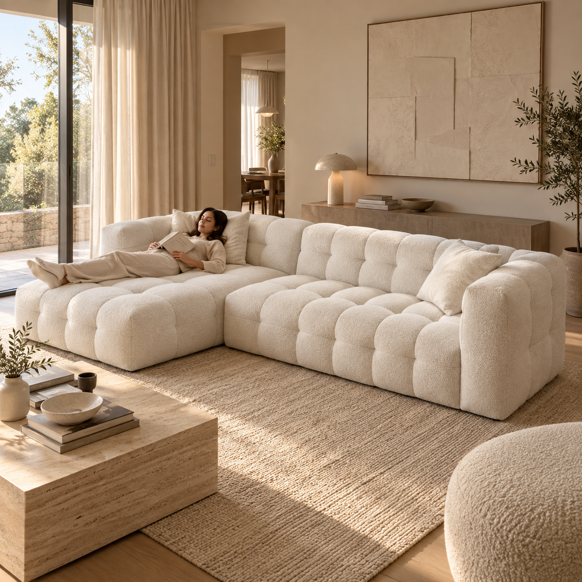 A woman lying full length on the chaise of the Cloud Corner Sectional in Cloud White, chaise left, with room to spare
