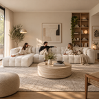 Three people spread out along the Cloud Corner Sectional in Cloud White, chaise left, in a furnished living room