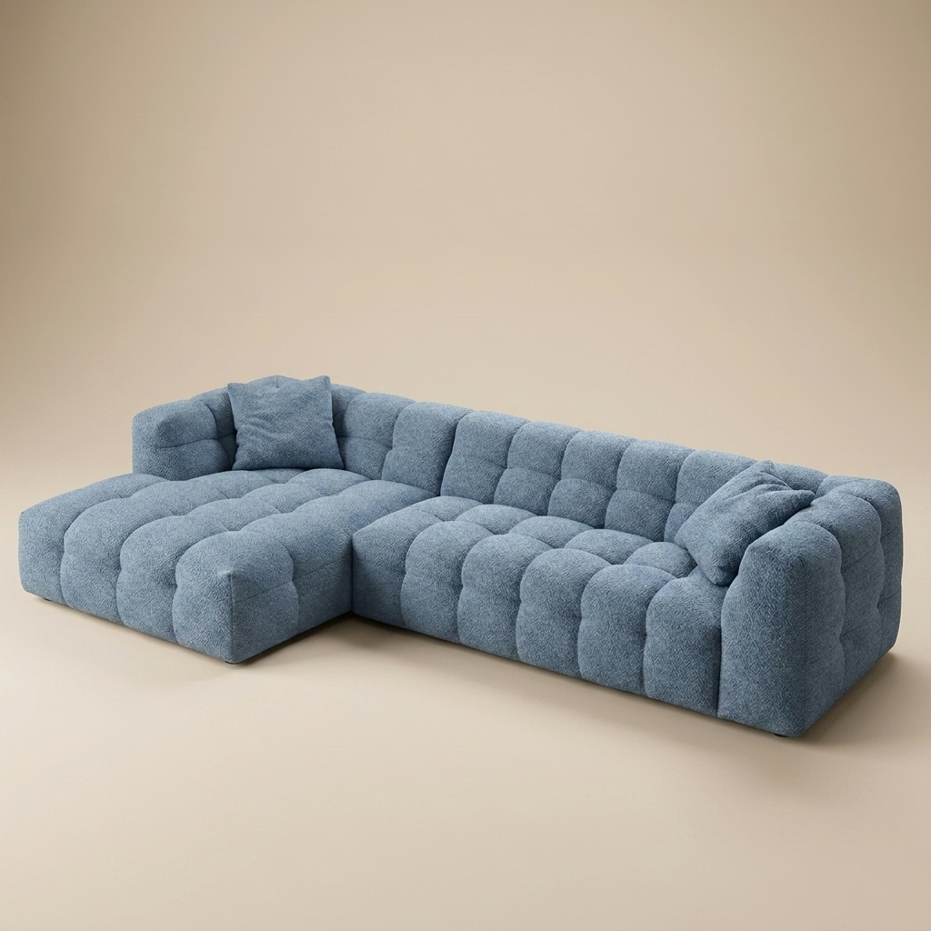 Cloud Corner Sectional in Denim Blue bouclé, chaise left, three-quarter view