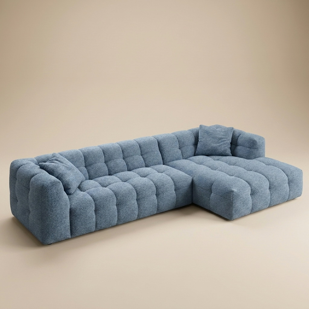 Cloud Corner Sectional in Denim Blue bouclé, chaise right, three-quarter view