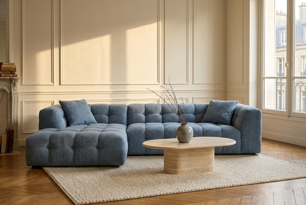 AP-27 in Denim Blue bouclé, chaise left, in a panelled living room