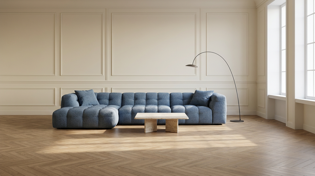 The full ten-foot AP-27 in Denim Blue bouclé, chaise left, against a long wall
