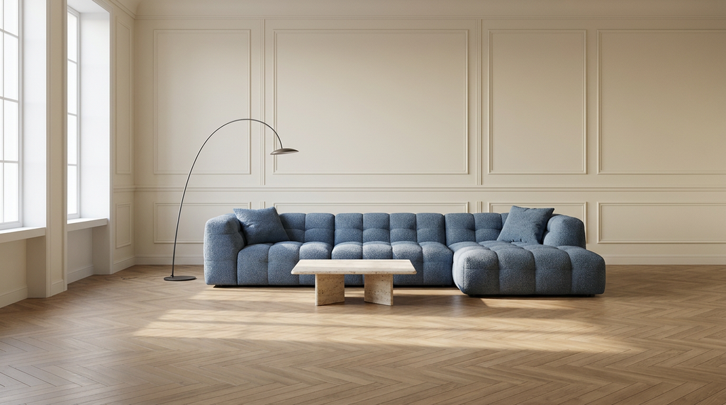 The full ten-foot AP-27 in Denim Blue bouclé, chaise right, against a long wall