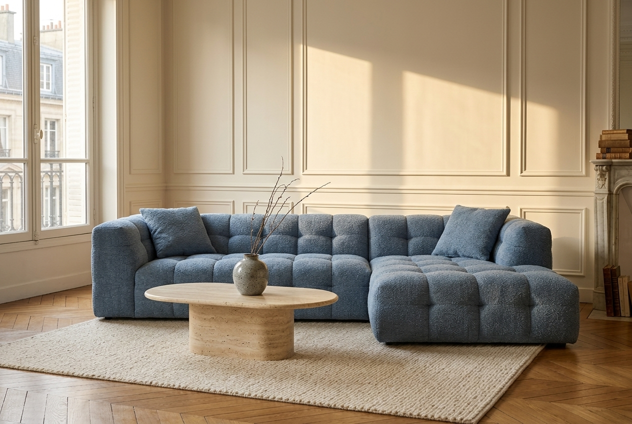 AP-27 in Denim Blue bouclé, chaise right, in a panelled living room