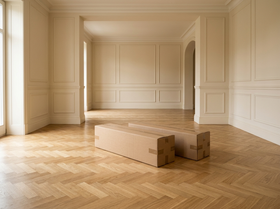 The AP-27 arrives as two long cartons left on the floor of an empty room