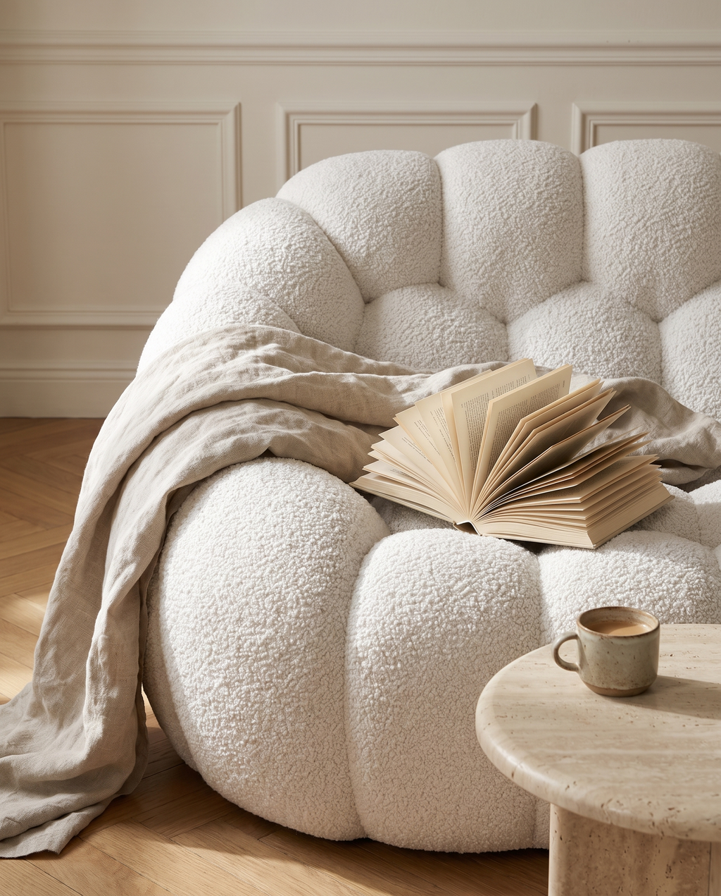 AP-89 armrest detail with linen throw and book
