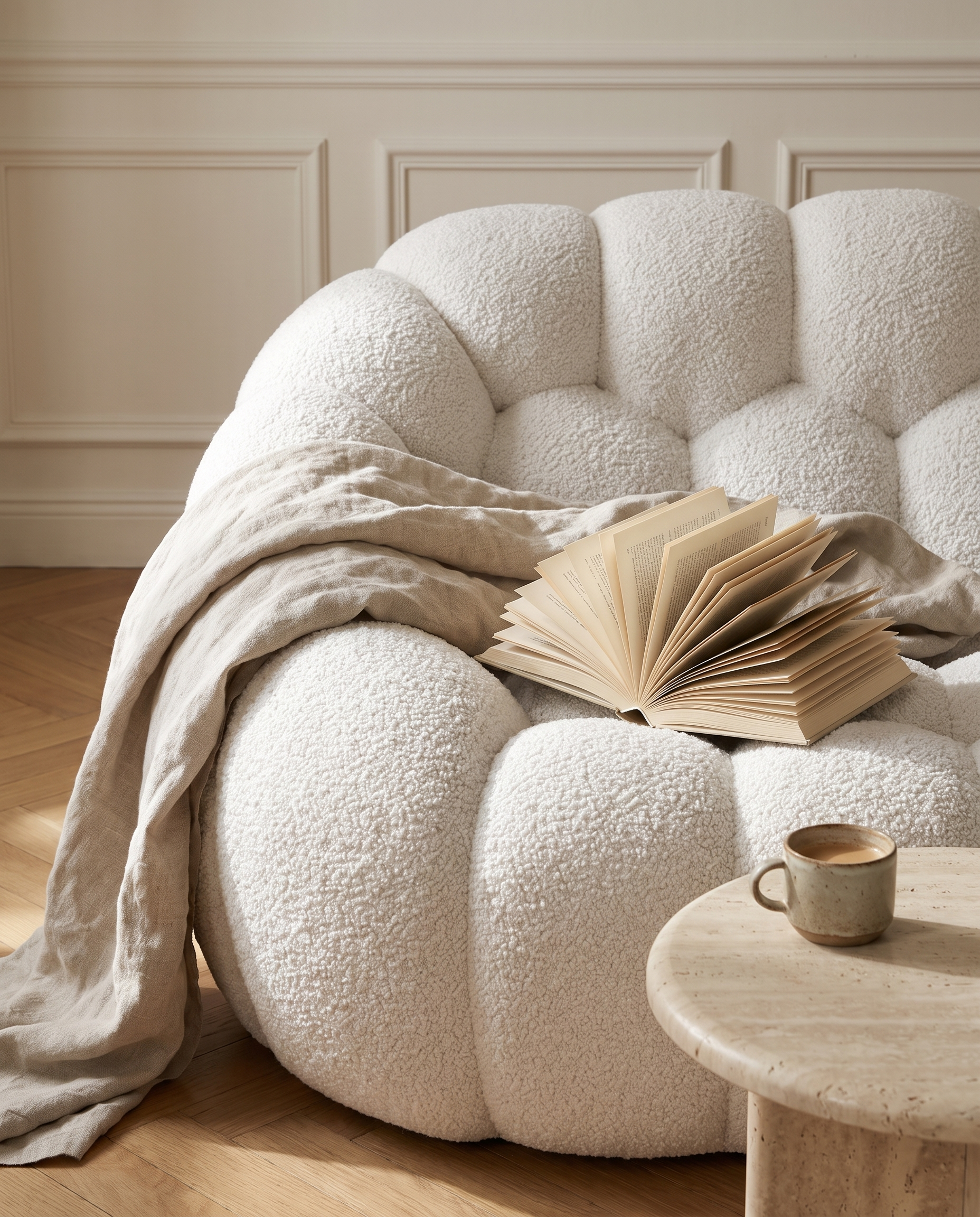 AP-89 armrest detail with linen throw and book