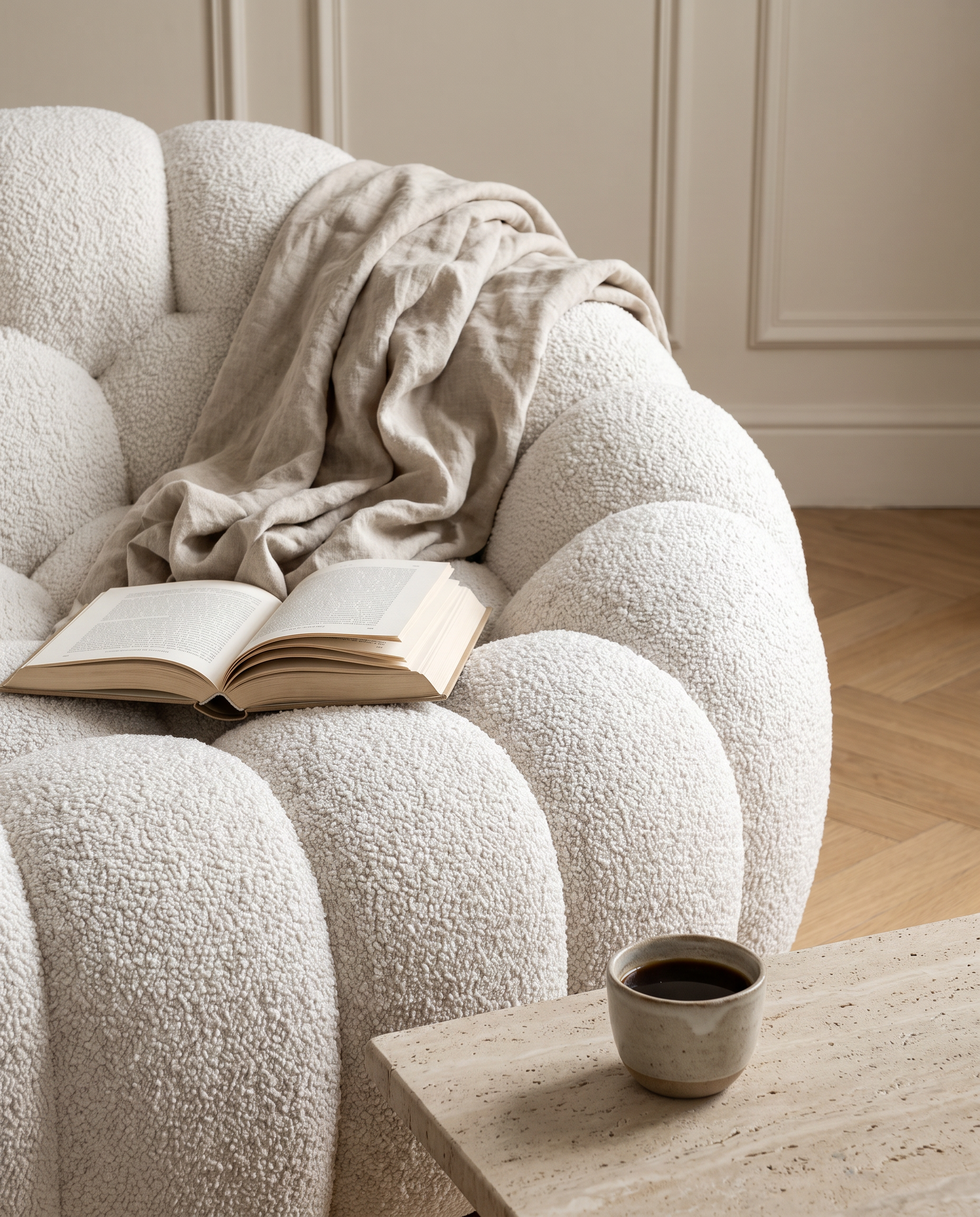 AP-89 armrest detail with linen throw and book