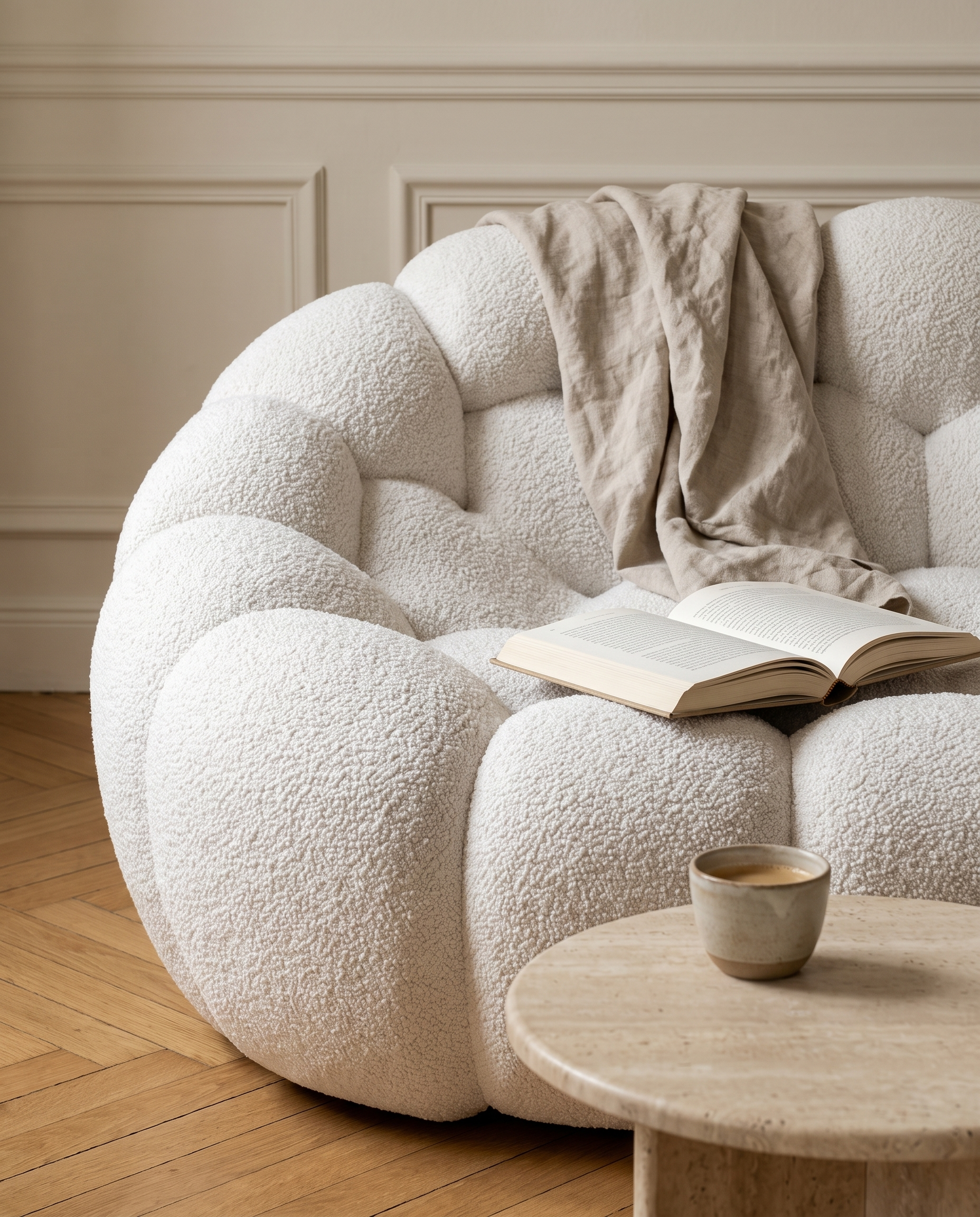 AP-89 armrest detail with linen throw and book