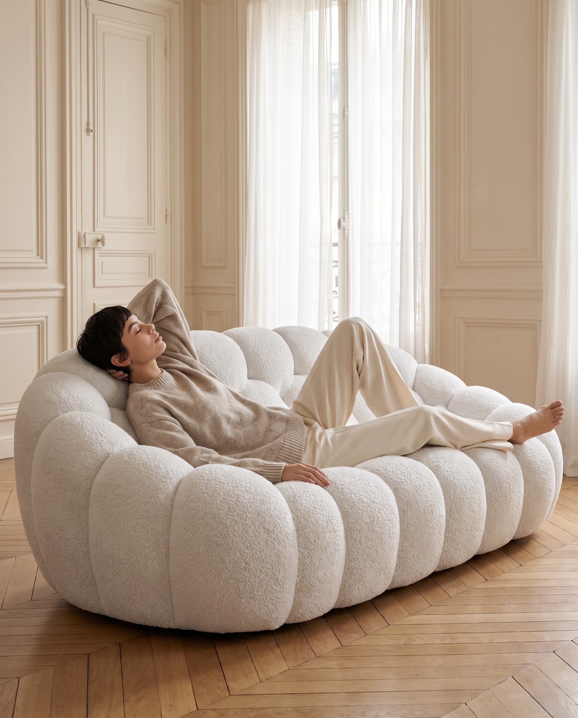 Woman lying across the AP-89 2 seat sofa