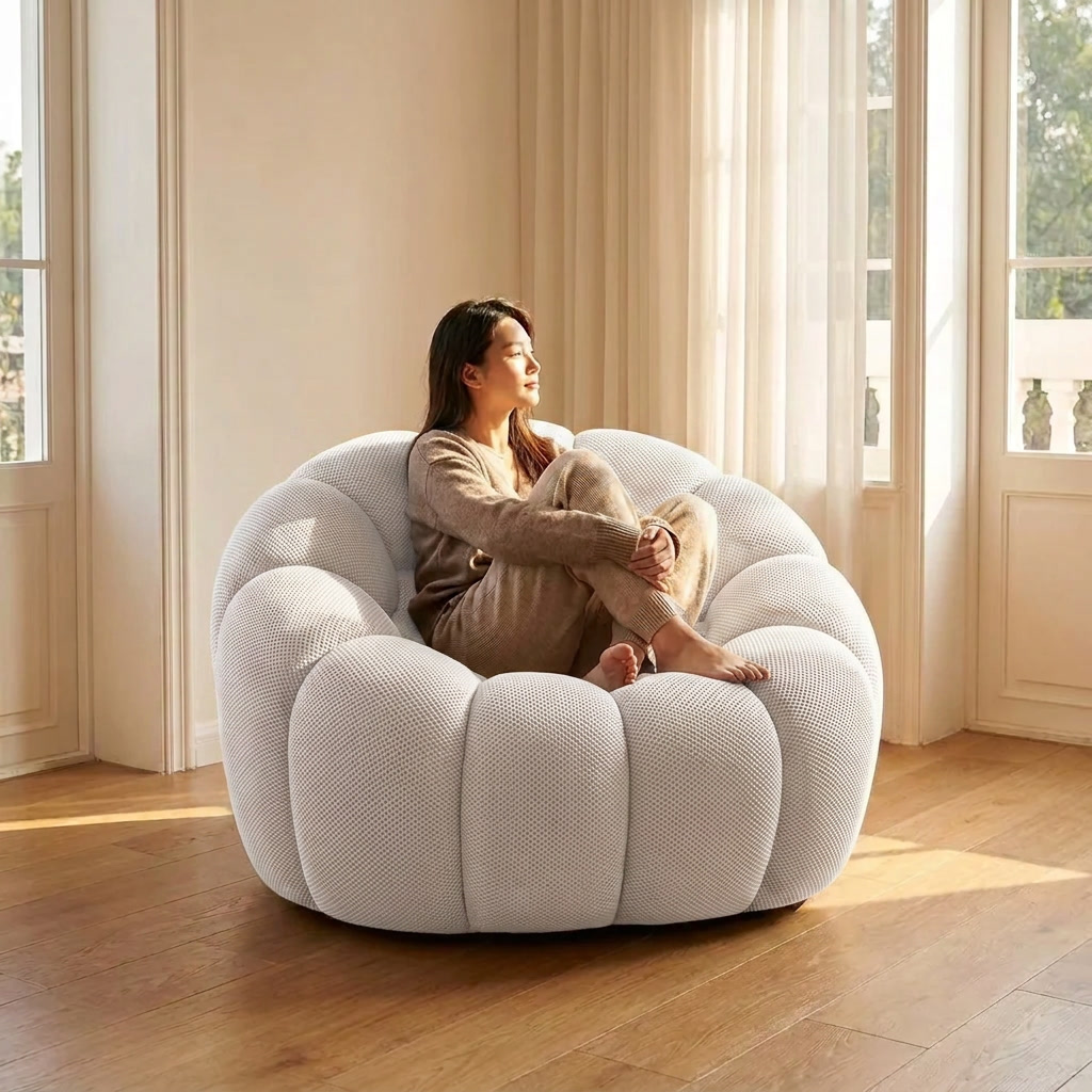 Woman curled up in the AP-89 1 seat armchair in Cloud White