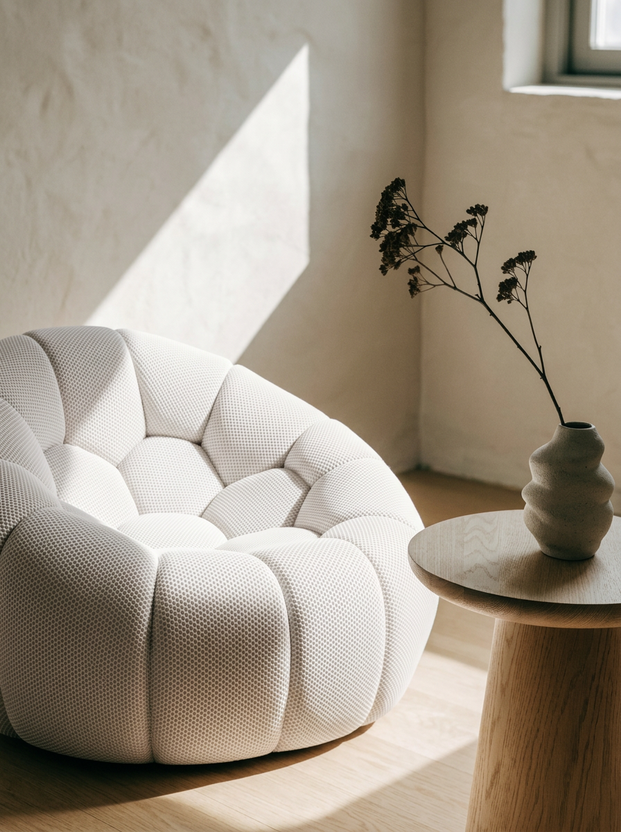 AP-89 armchair in Cloud White 3D air-mesh in a sunlit plaster corner