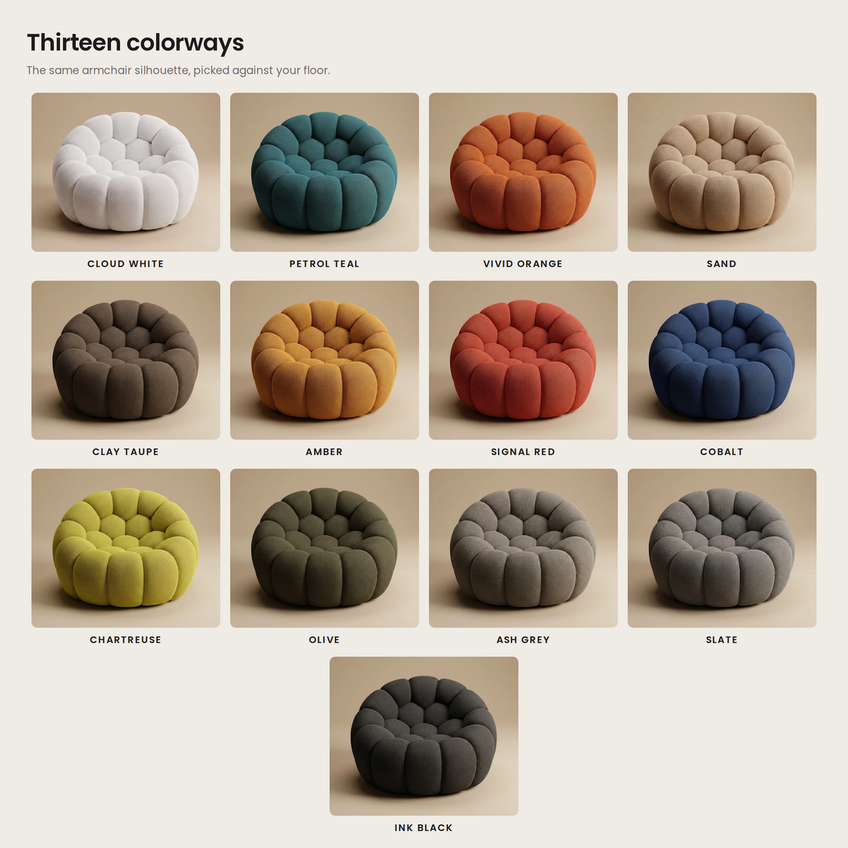 All thirteen colourways of the AP-89 armchair shown together, one grid