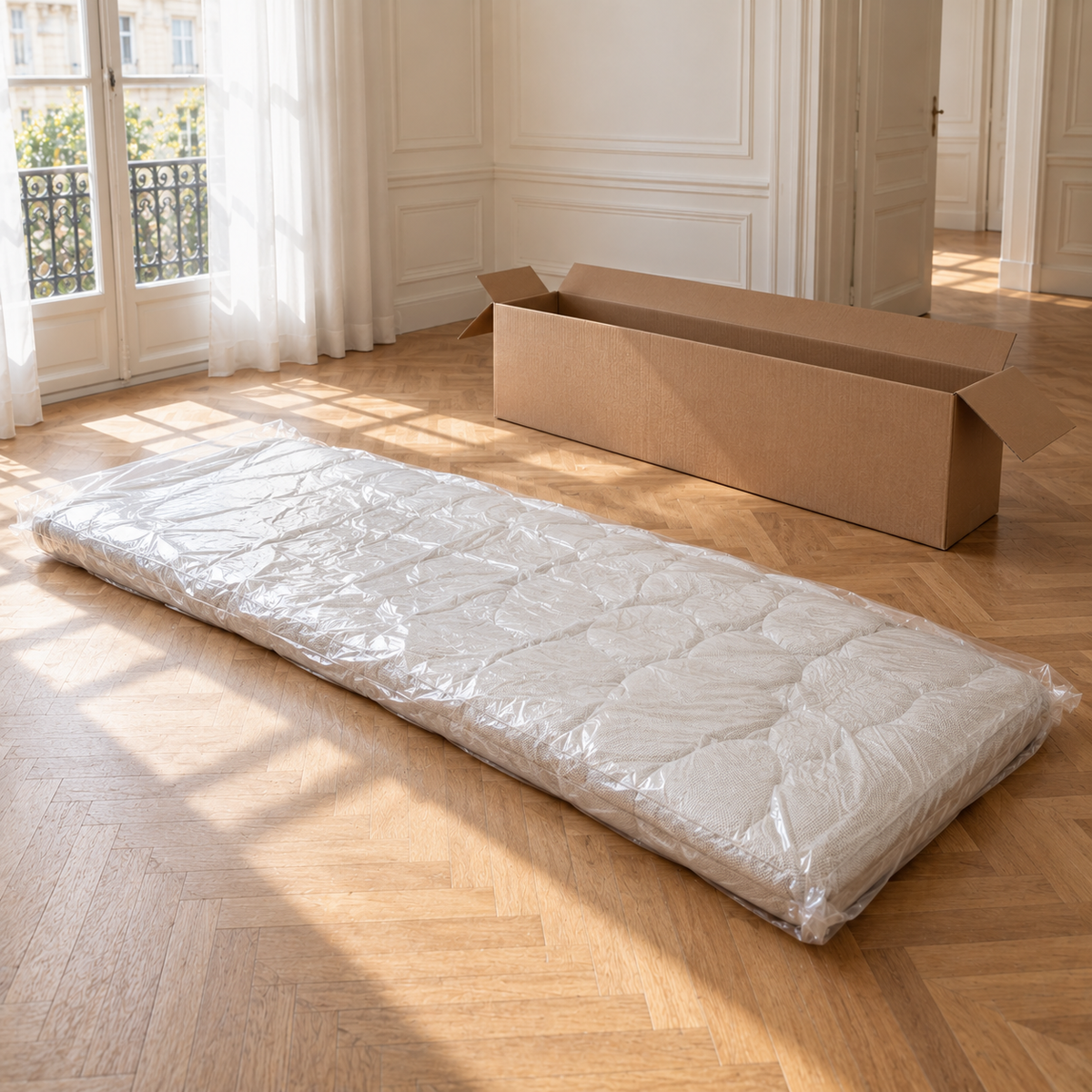 The AP-89 2 seat sofa unrolled flat beside its open carton, still vacuum sealed and compressed