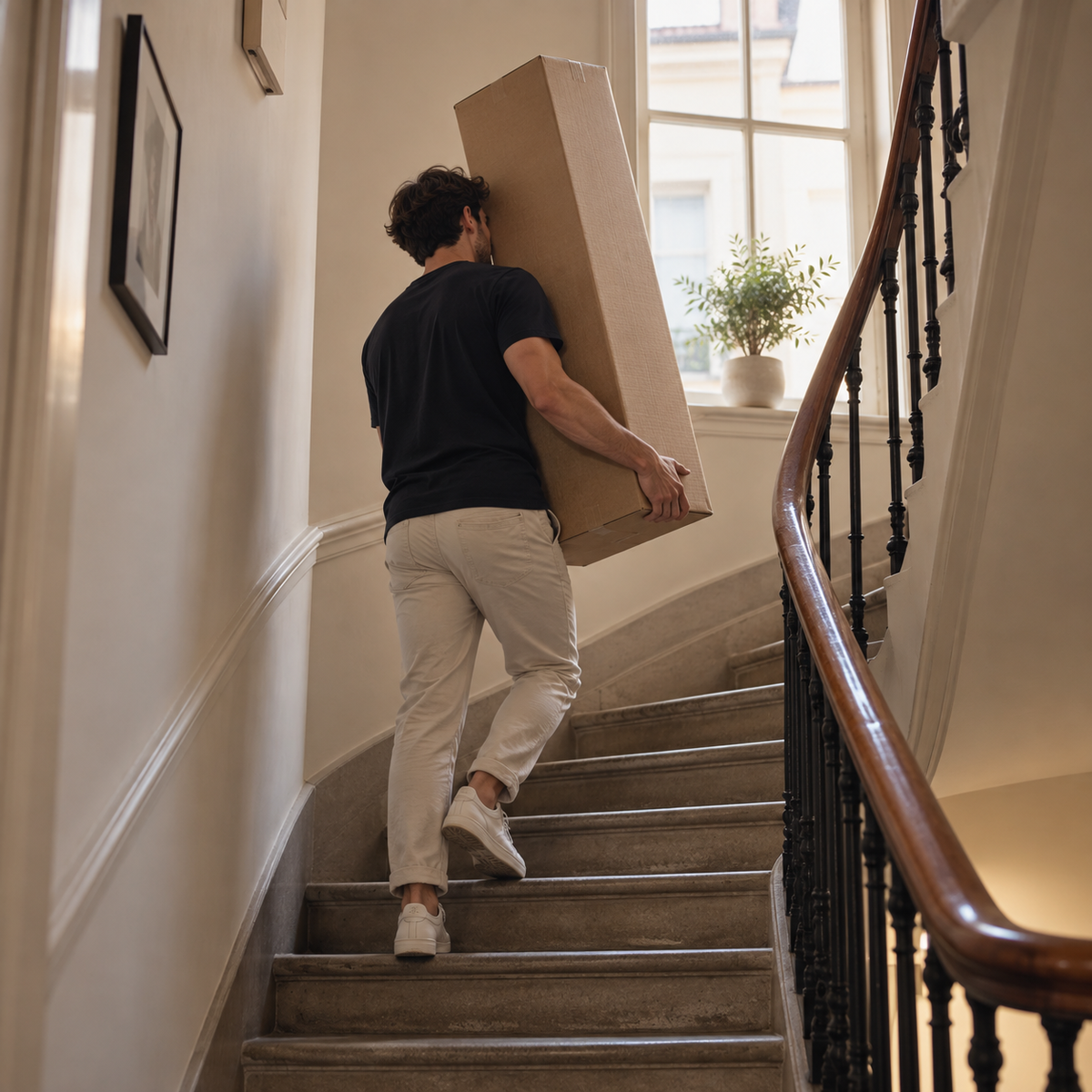 One person carrying the single AP-89 2 seat carton up a turning staircase, 44 lb, no crew and no hoist