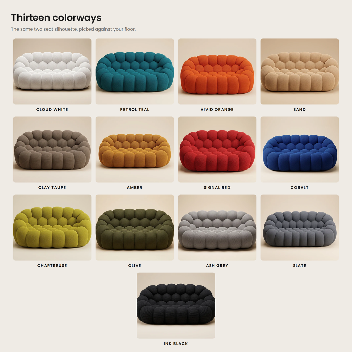 All thirteen colourways of the AP-89 2 seat sofa shown together, one grid