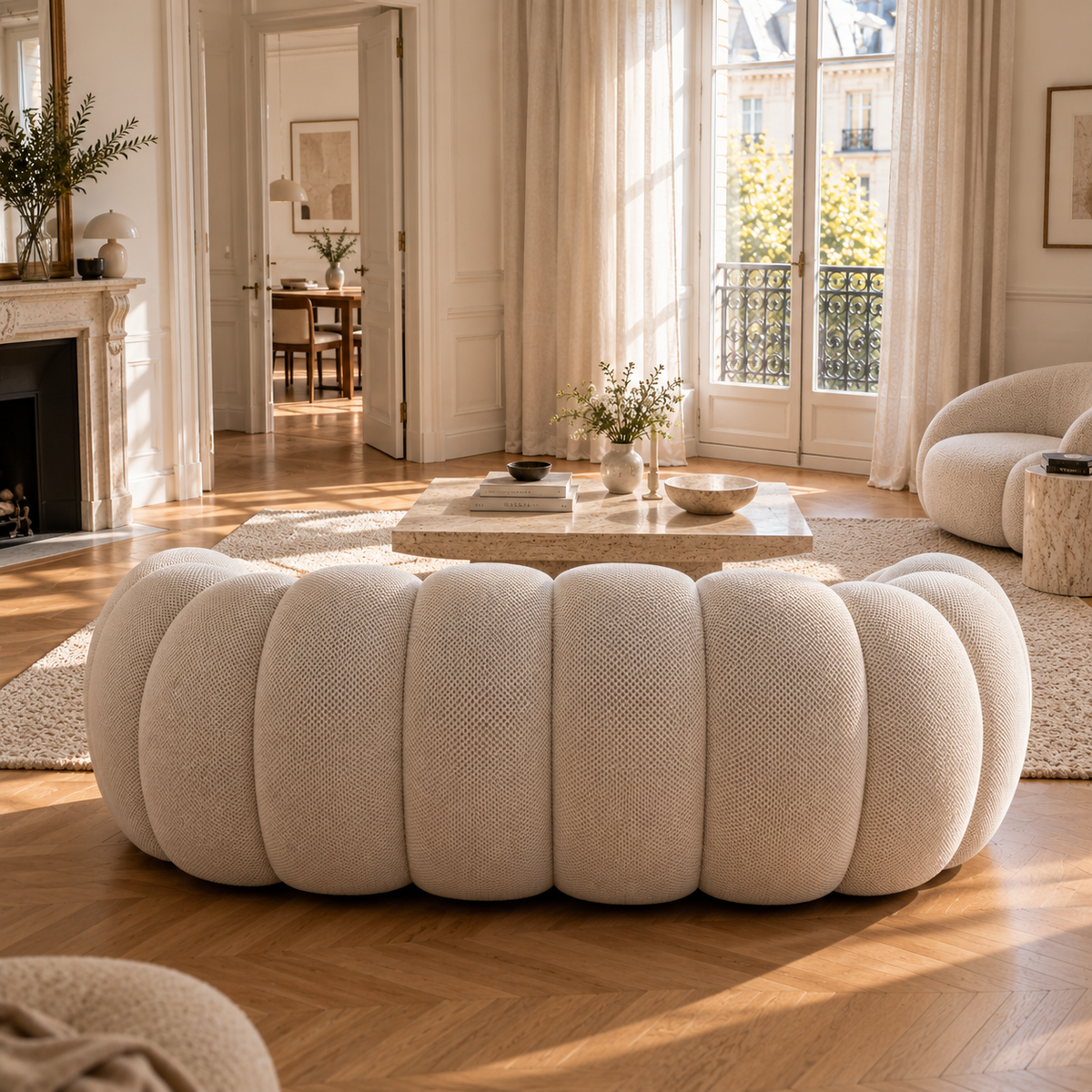 AP-89 2 seat sofa in Cloud White seen from behind, placed away from the wall in a bright Parisian room