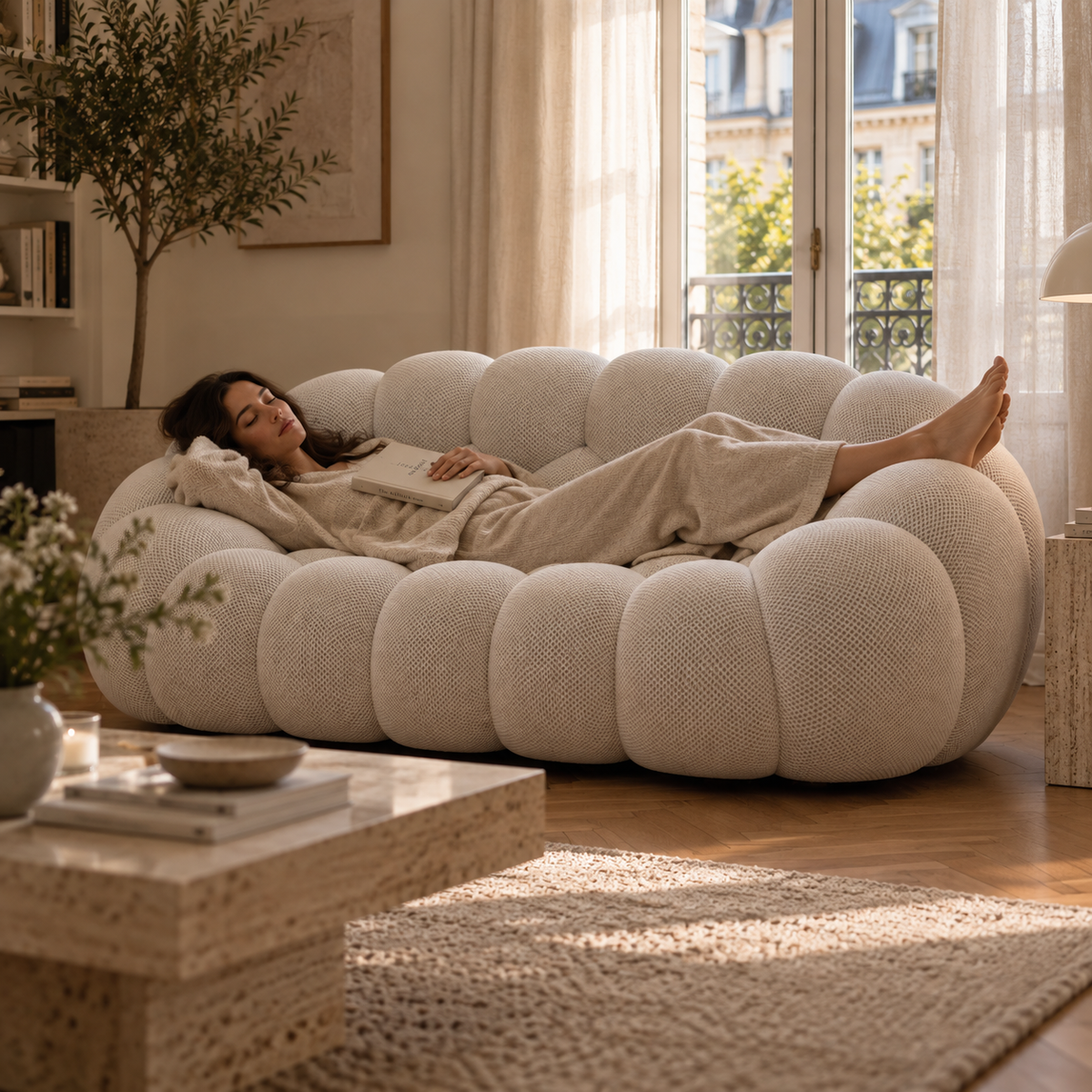 A woman lying full length on the AP-89 2 seat sofa in Cloud White, feet up, with room to spare