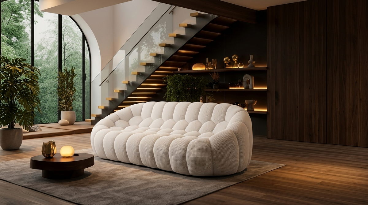 AP-89 3 seat bubble sofa in Cloud White in a warm modern living room