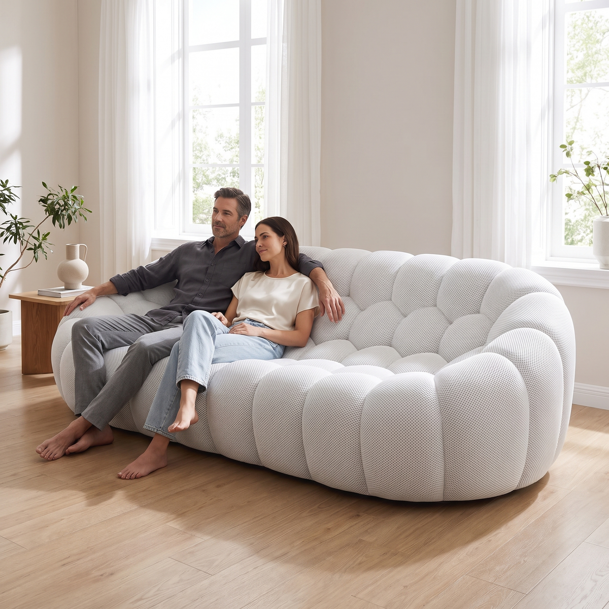 Couple relaxing on the AP-89 3 seat sofa in Cloud White, third seat still free