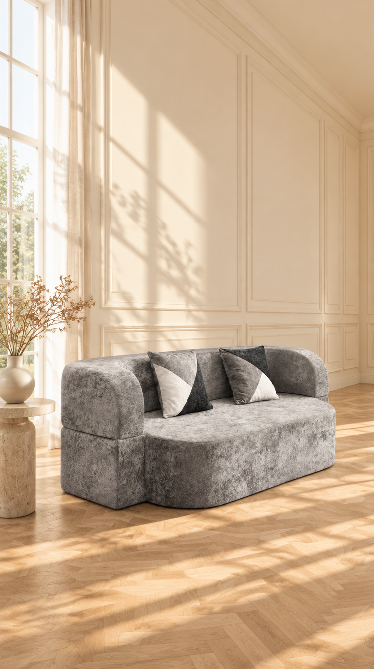 Arc Sofa Bed in Silver Gray seen from the left
