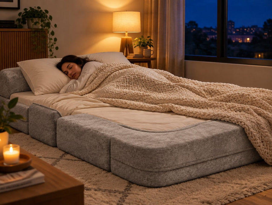 The Arc Sofa Bed folded out as a bed at night