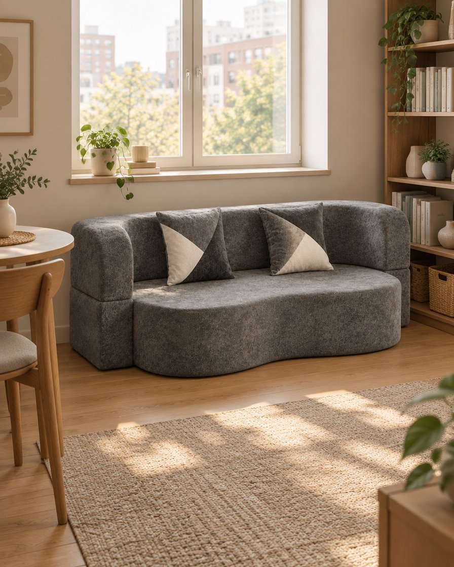 Arc Sofa Bed in Charcoal Gray in a studio apartment