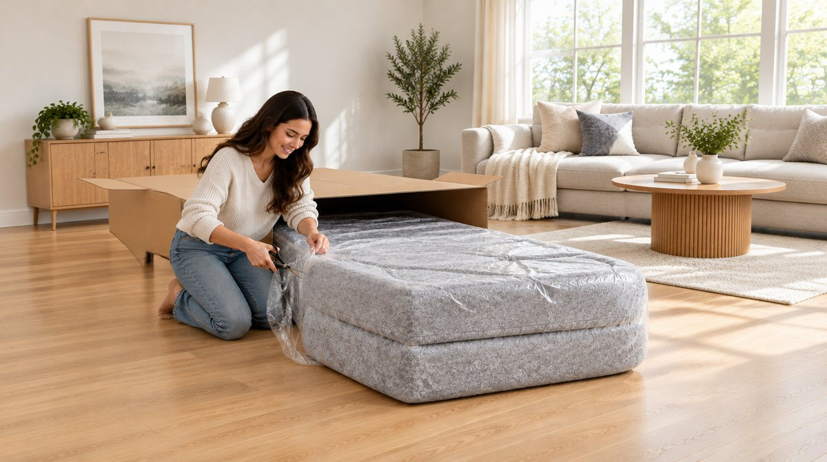 Cutting the vacuum wrap off the Arc Sofa Bed