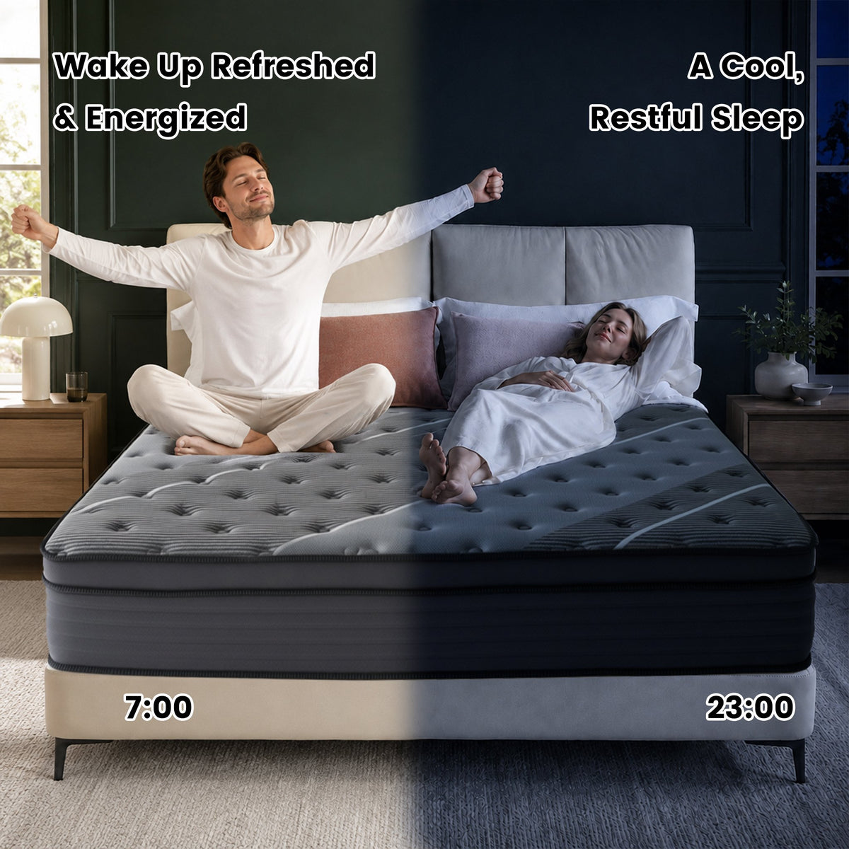 Couple waking up rested on the Rest Hybrid Mattress