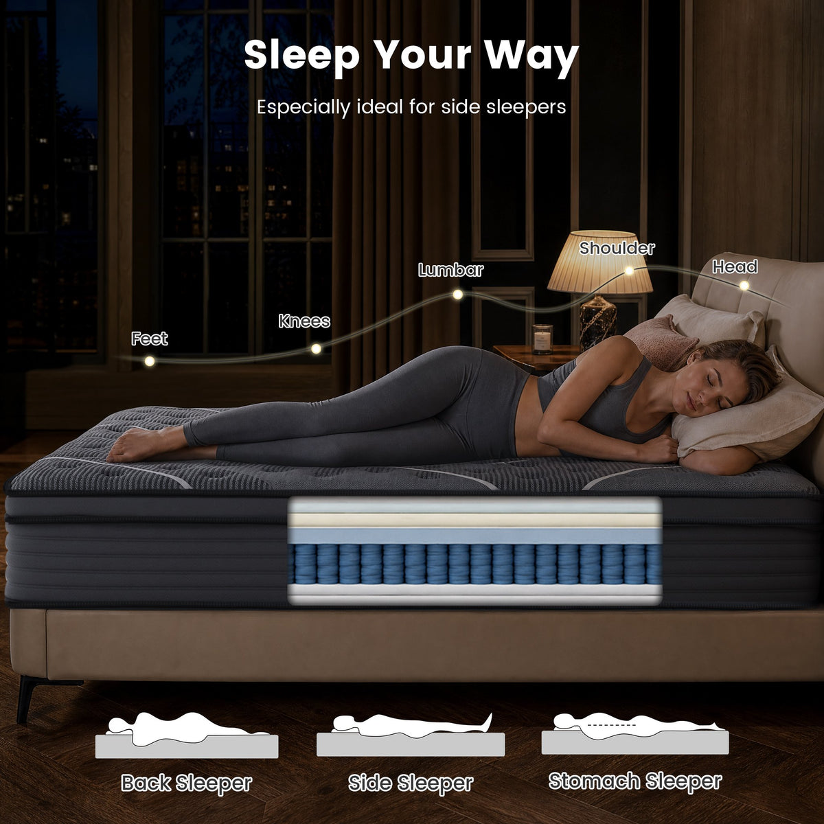 Pocket coils supporting a side sleeper on the Rest Hybrid Mattress